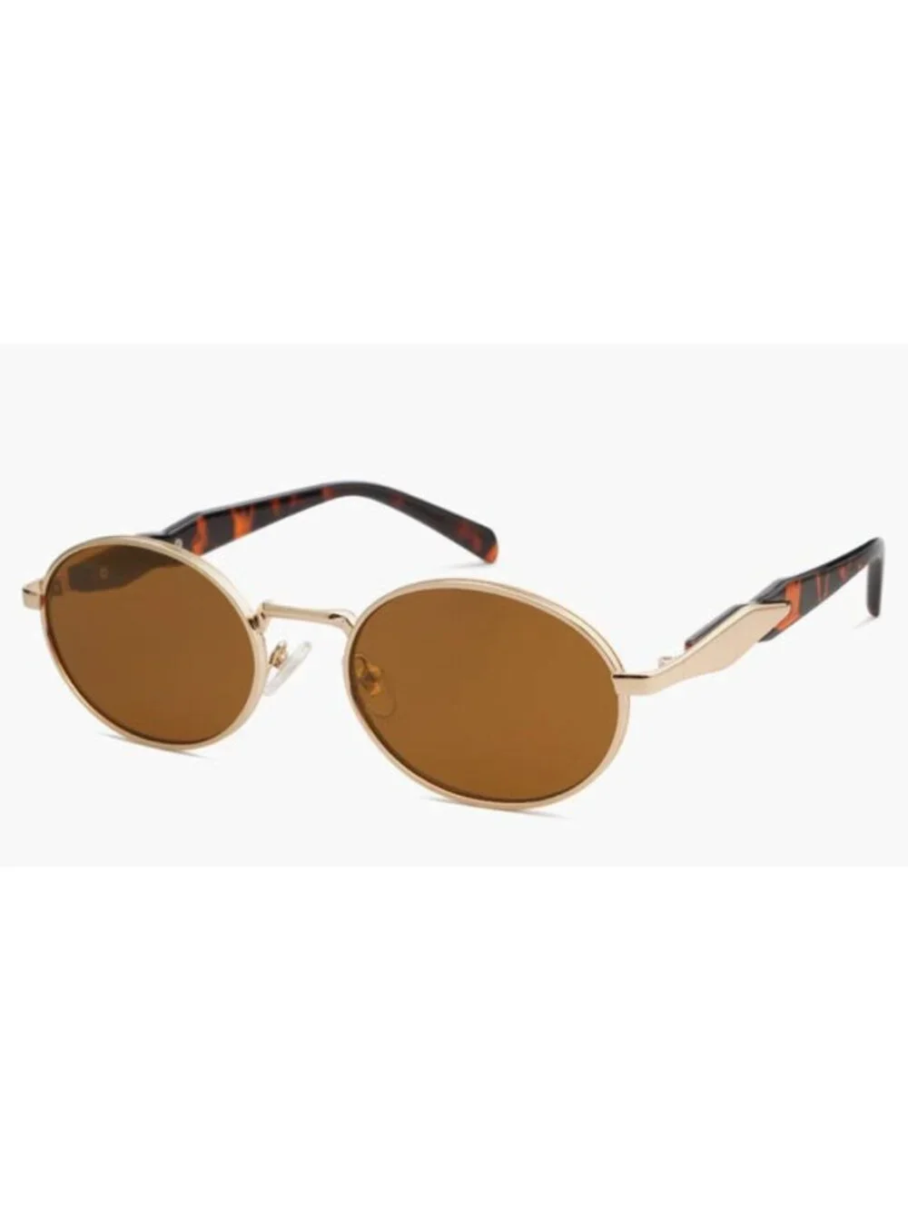 Unisex Oval Gold Frame Sunglasses With Brown Tea Lenses & Black Arms